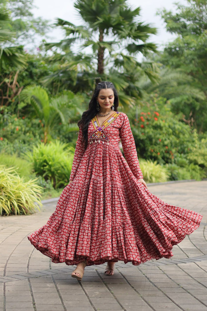 Maroon Color Printed Cotton With Kutchi Gamthi Work and Kodi Lace Gown