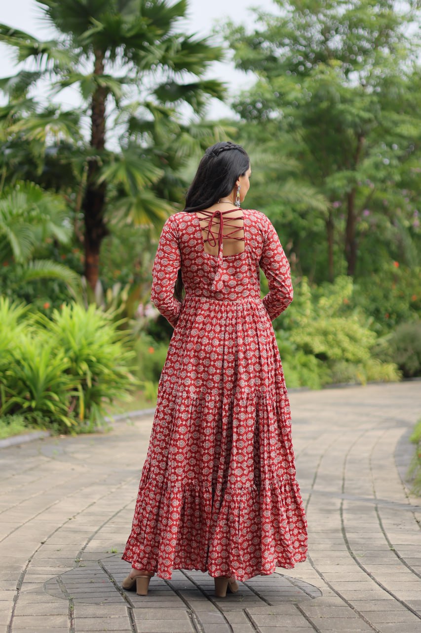 Maroon Color Printed Cotton With Kutchi Gamthi Work and Kodi Lace Gown