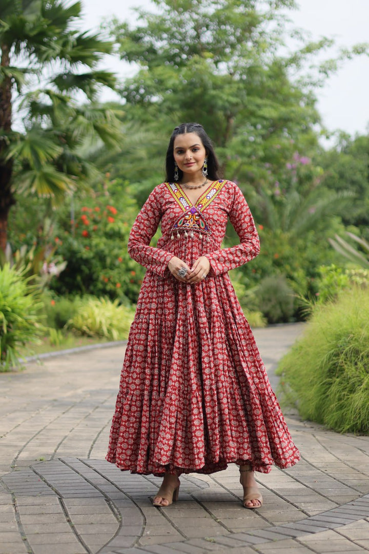 Maroon Color Printed Cotton With Kutchi Gamthi Work and Kodi Lace Gown