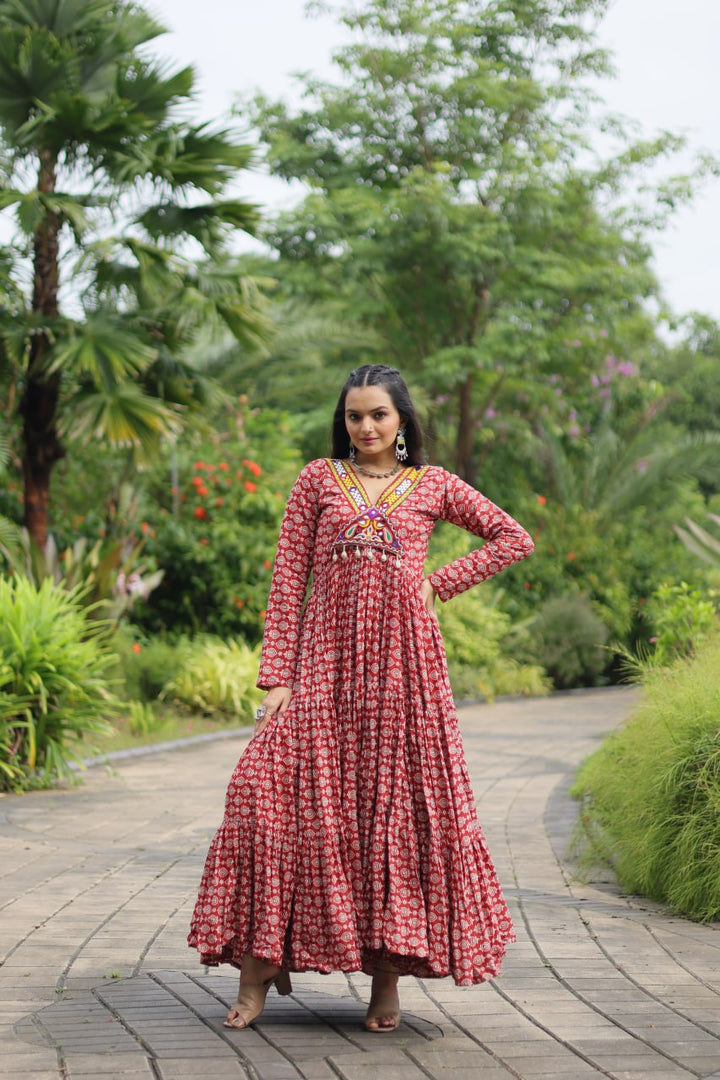 Maroon Color Printed Cotton With Kutchi Gamthi Work and Kodi Lace Gown