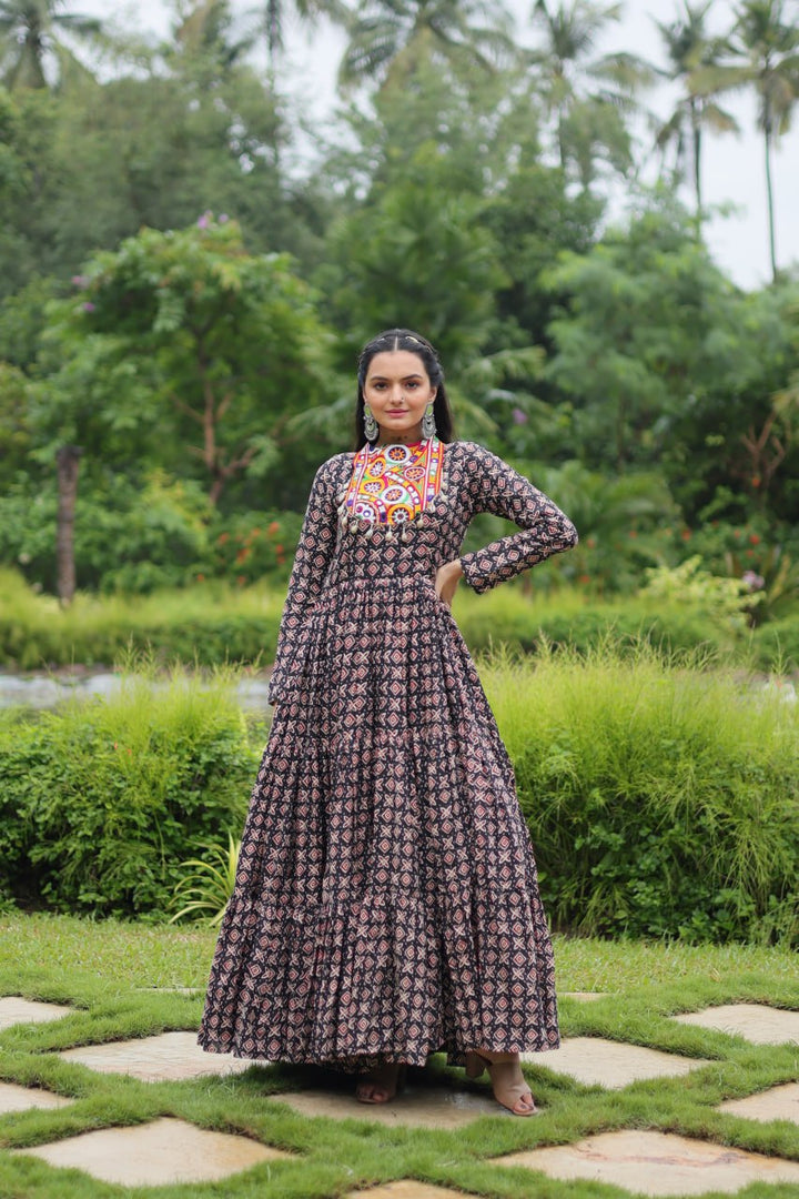 Black Color Printed Cotton With Kutchi Gamthi Work and Kodi Lace Gown