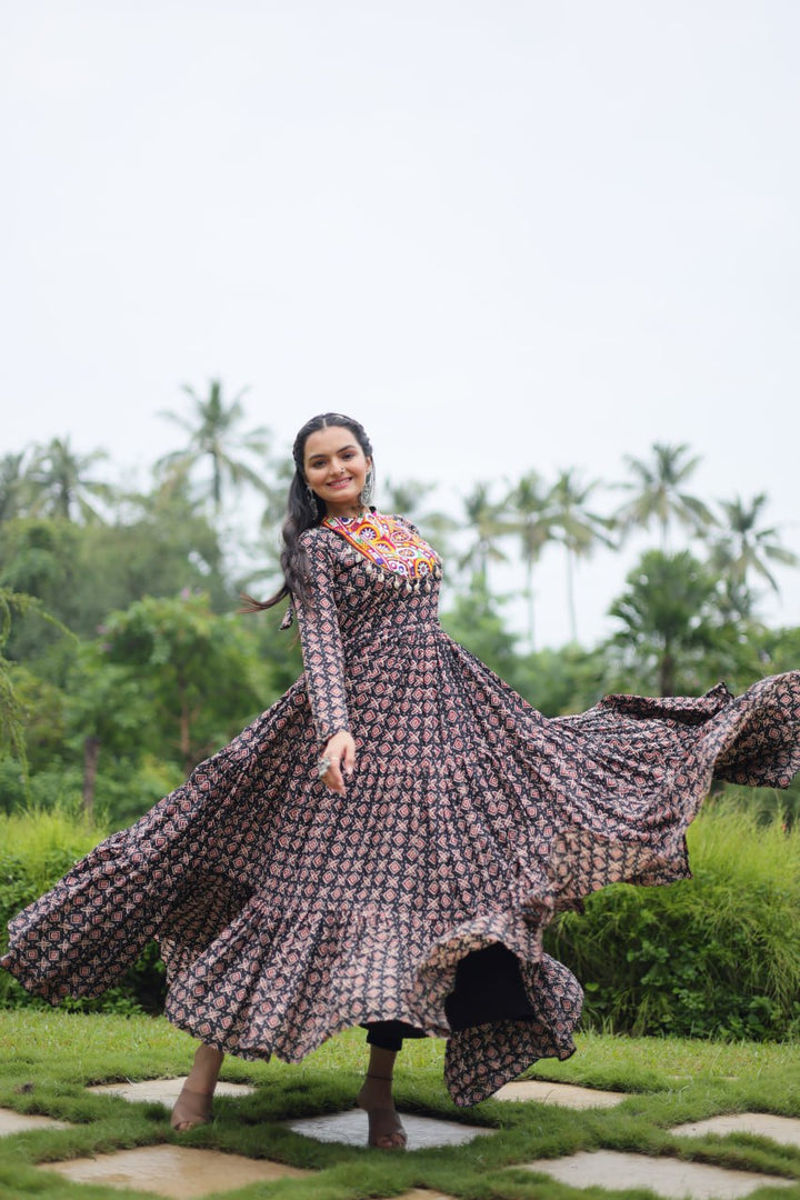 Black Color Printed Cotton With Kutchi Gamthi Work and Kodi Lace Gown