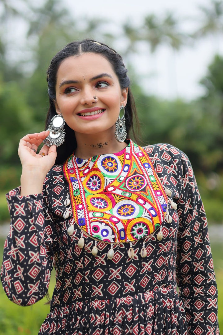 Black Color Printed Cotton With Kutchi Gamthi Work and Kodi Lace Gown