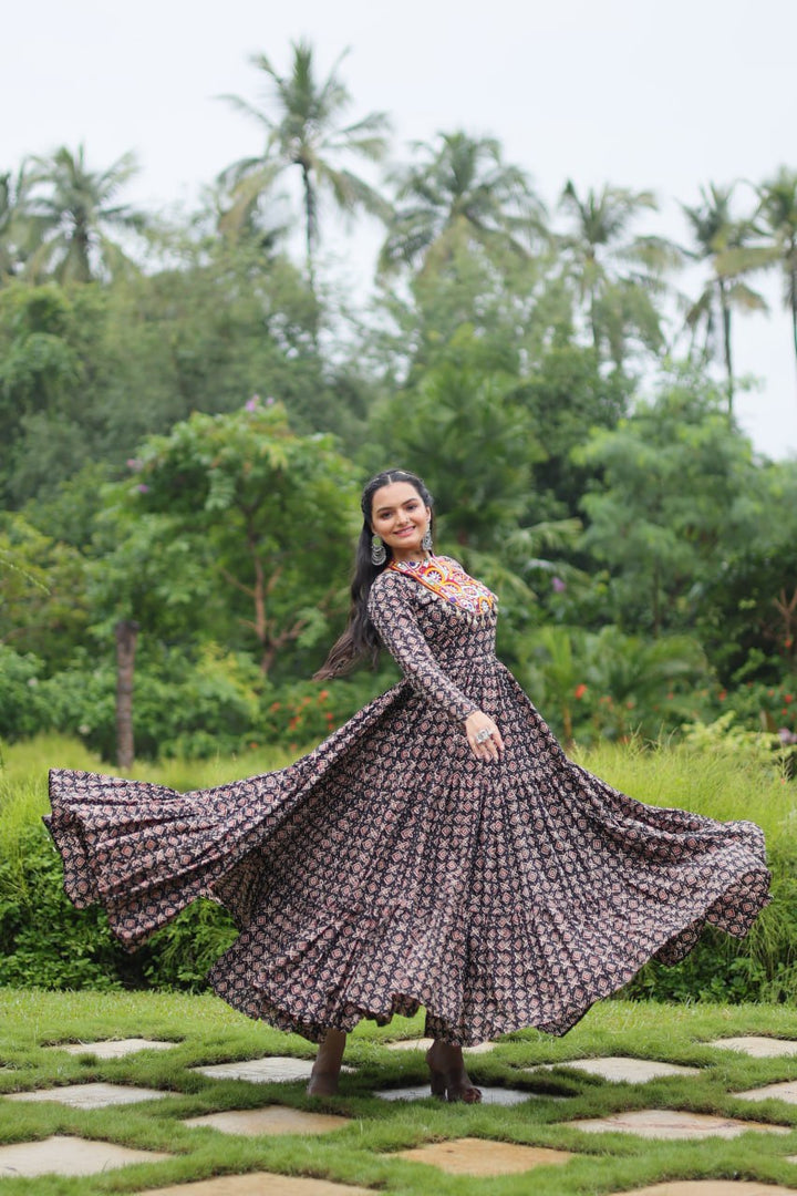 Black Color Printed Cotton With Kutchi Gamthi Work and Kodi Lace Gown