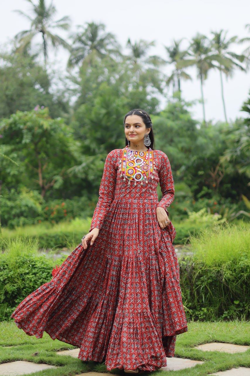 Maroon Color Printed Cotton With Kutchi Gamthi Work and Kodi Lace Gown