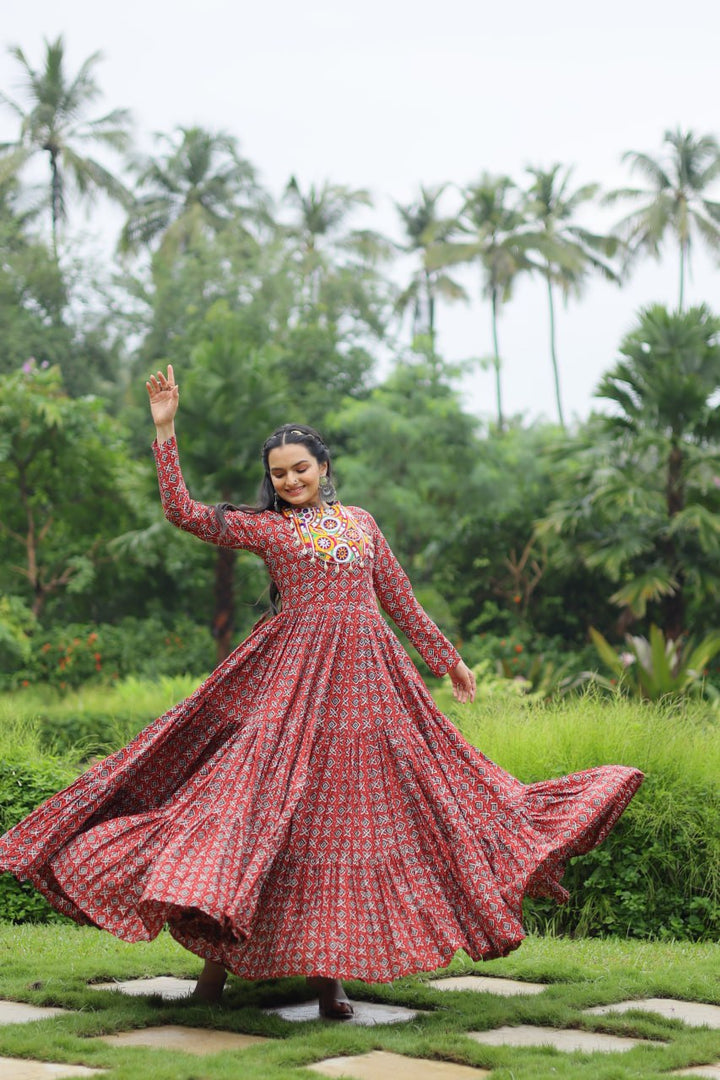 Maroon Color Printed Cotton With Kutchi Gamthi Work and Kodi Lace Gown