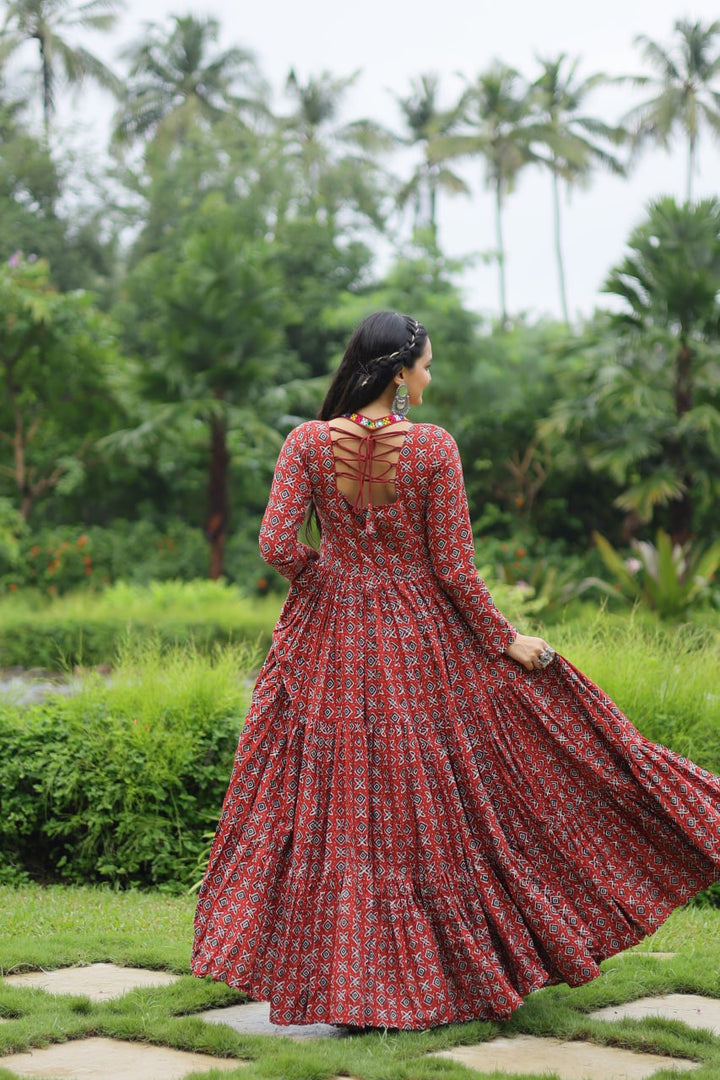 Maroon Color Printed Cotton With Kutchi Gamthi Work and Kodi Lace Gown