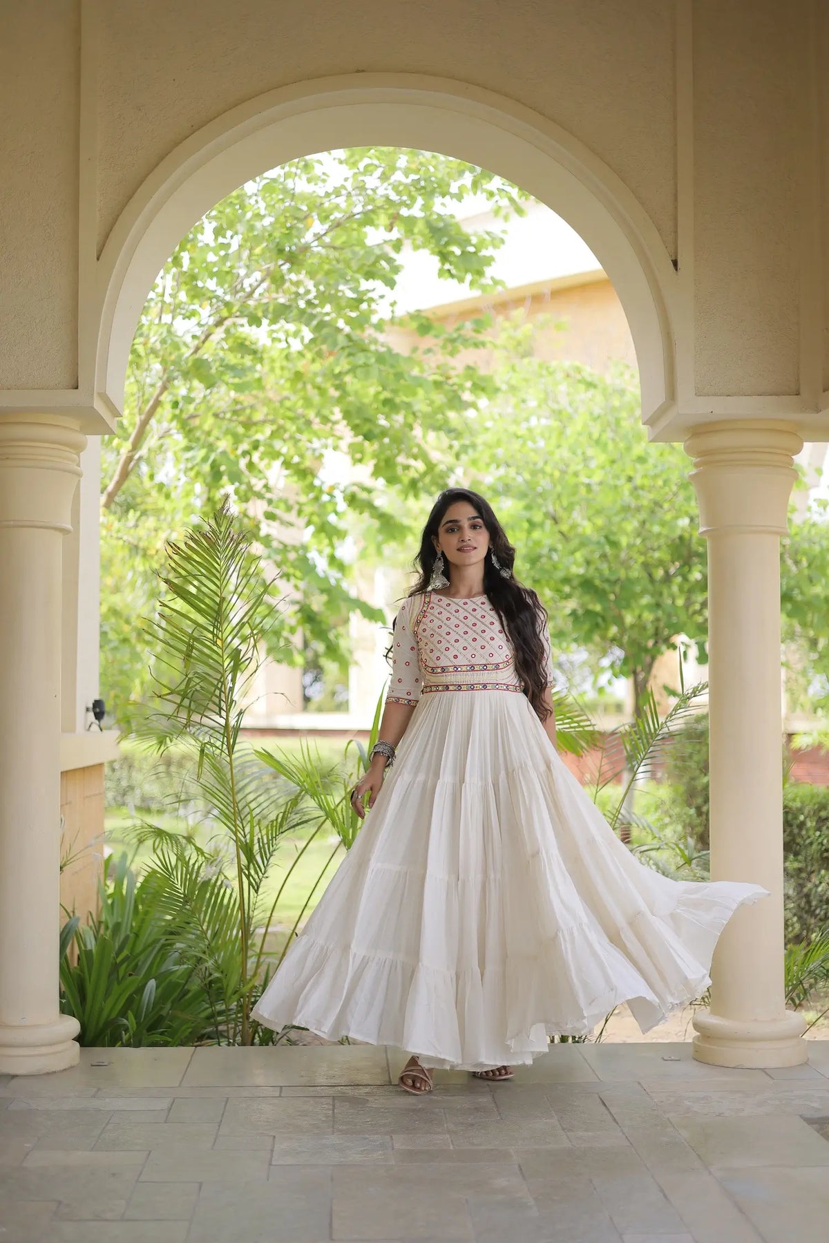 White Navratri Gown With Mirror & Embroidery Work
