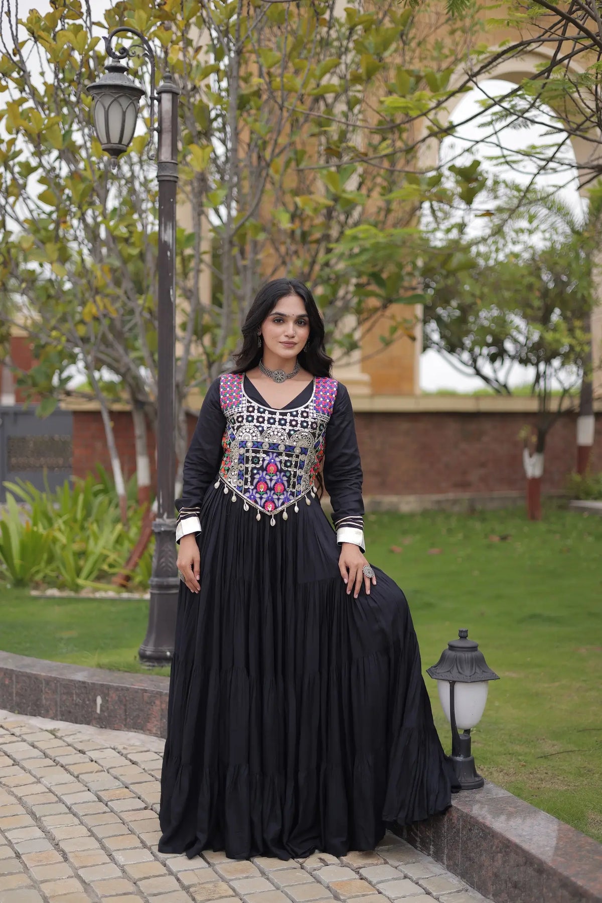 Black Navratri Gown With Embroidery Work