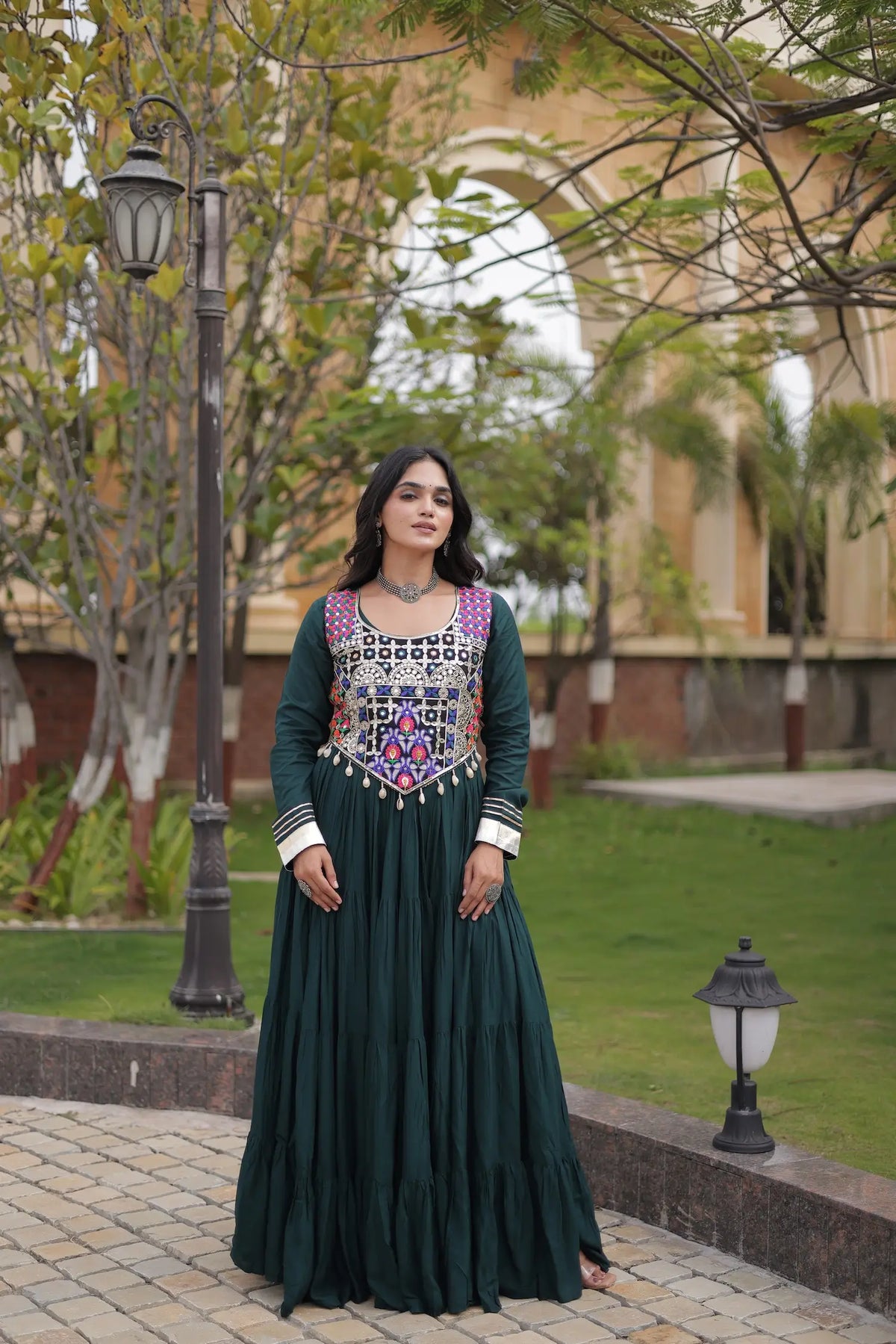 Green Navratri Gown With Embroidery Work