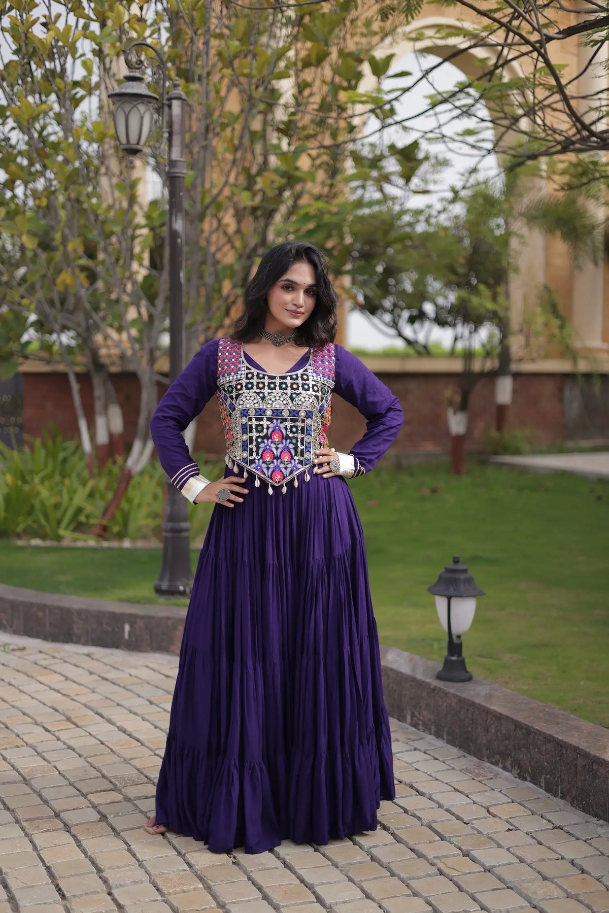 Purple Navratri Gown With Embroidery Work