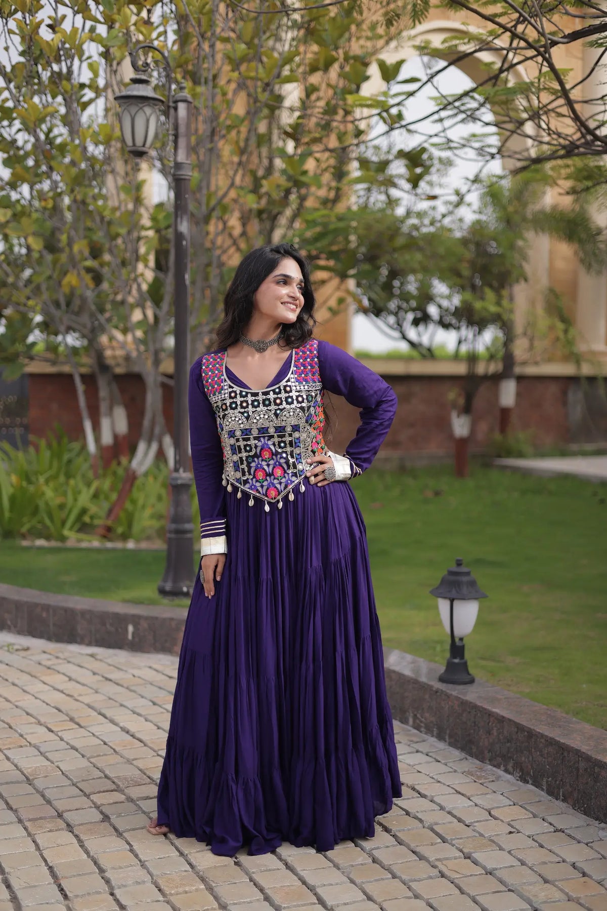 Purple Navratri Gown With Embroidery Work