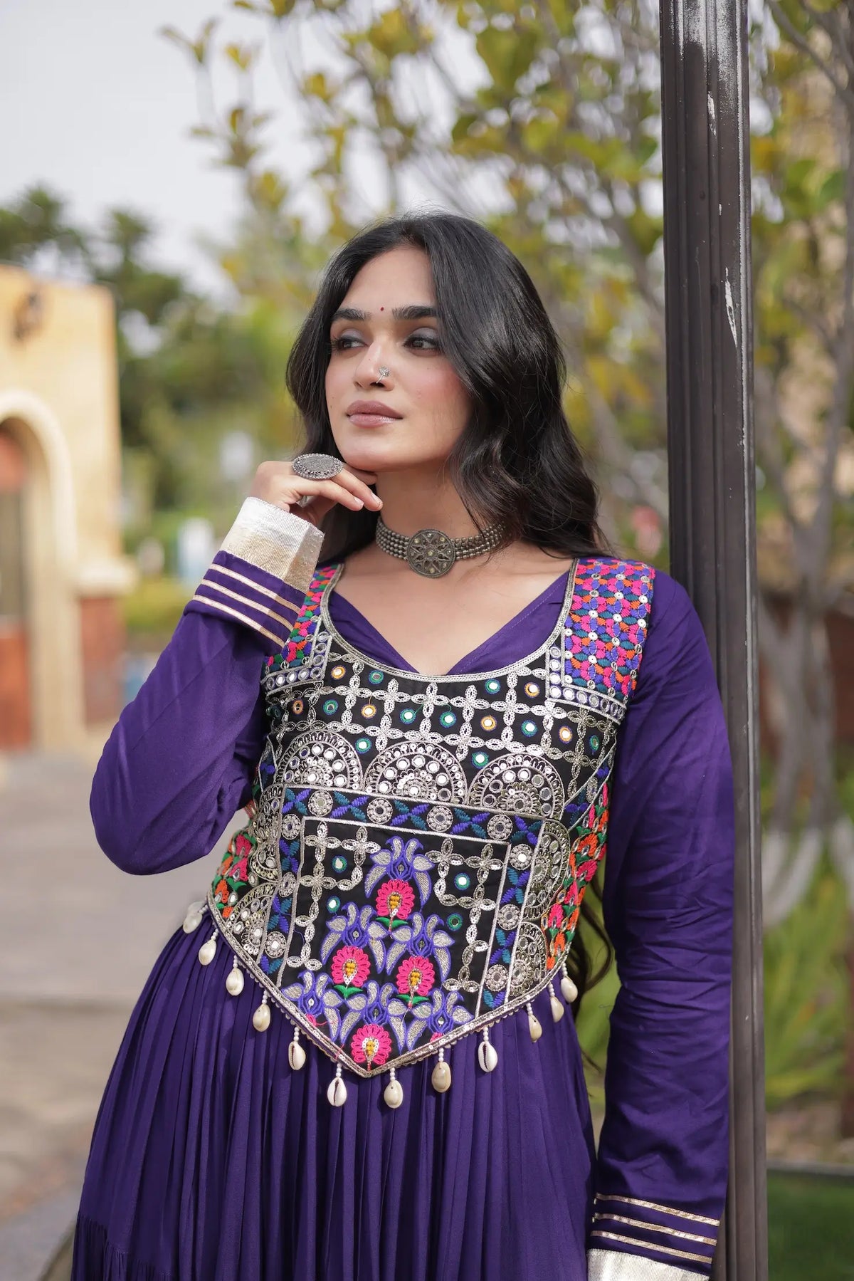 Purple Navratri Gown With Embroidery Work