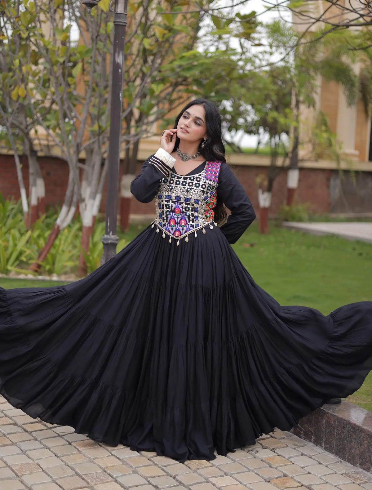 Black Navratri Gown With Embroidery Work