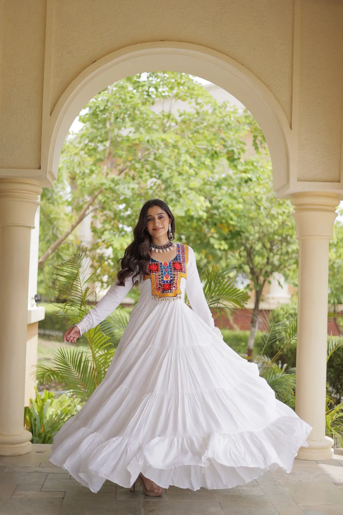 White Navratri Gown With Mirror Gamthi Work