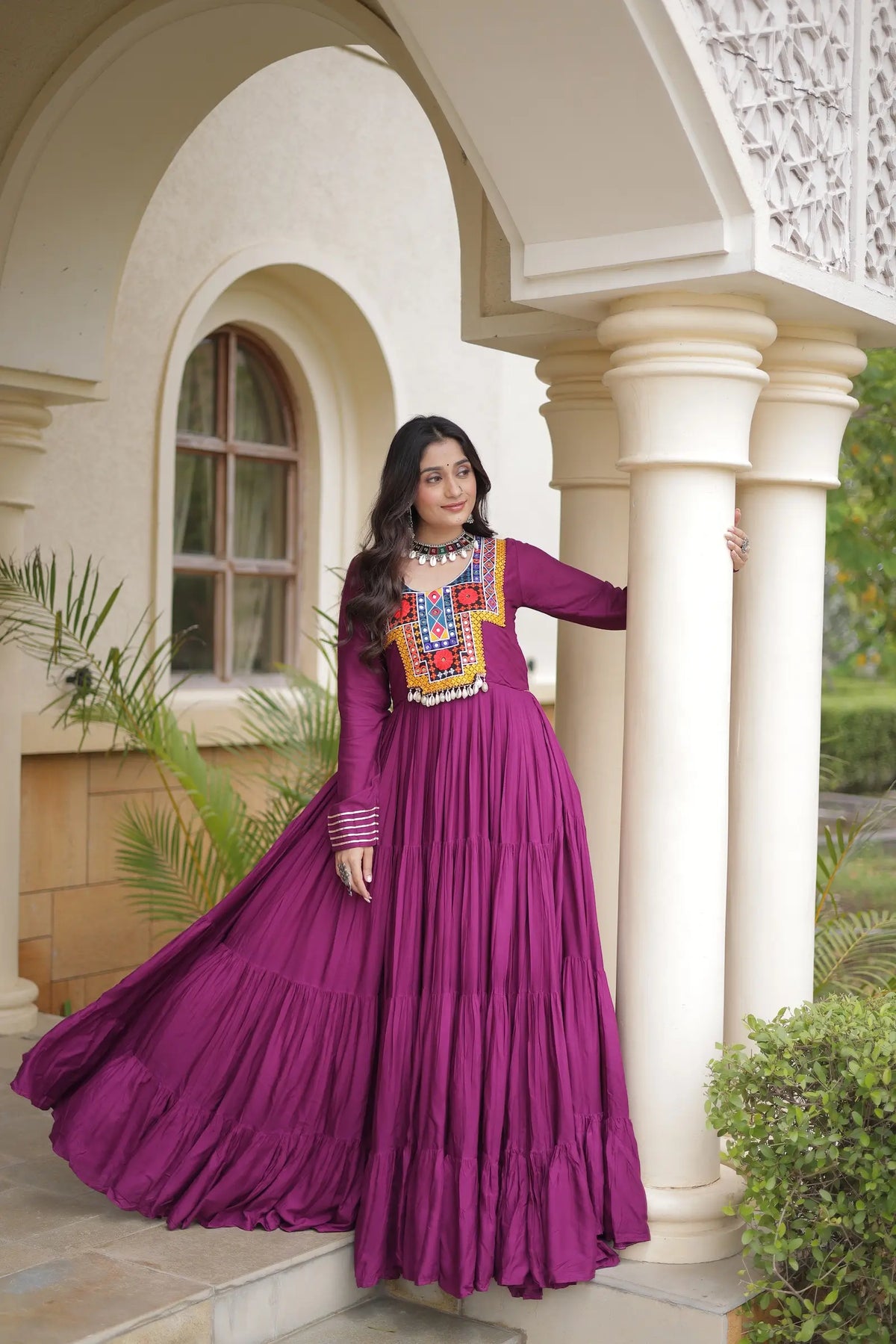 Wine Navratri Gown With Mirror Gamthi Work