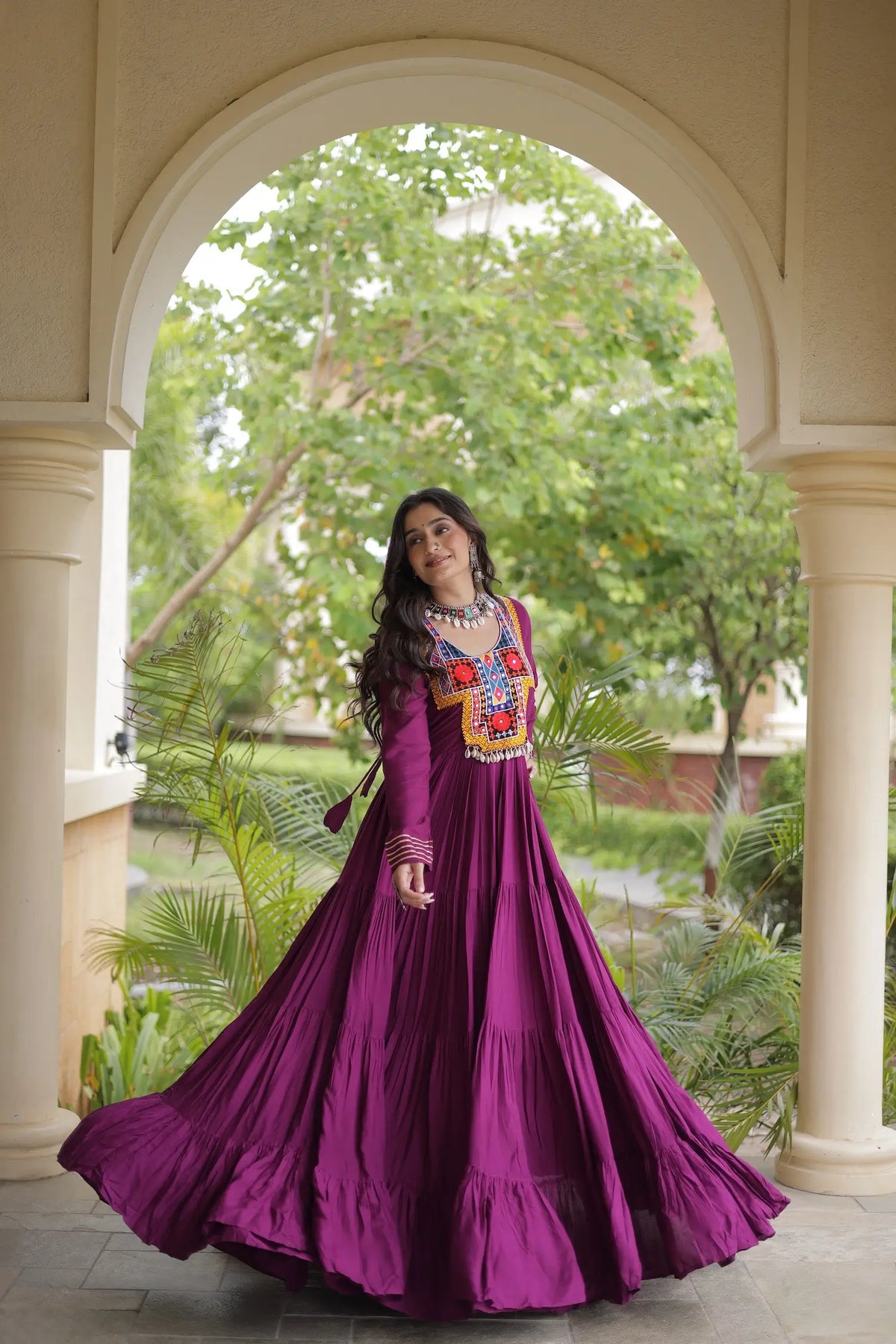 Wine Navratri Gown With Mirror Gamthi Work