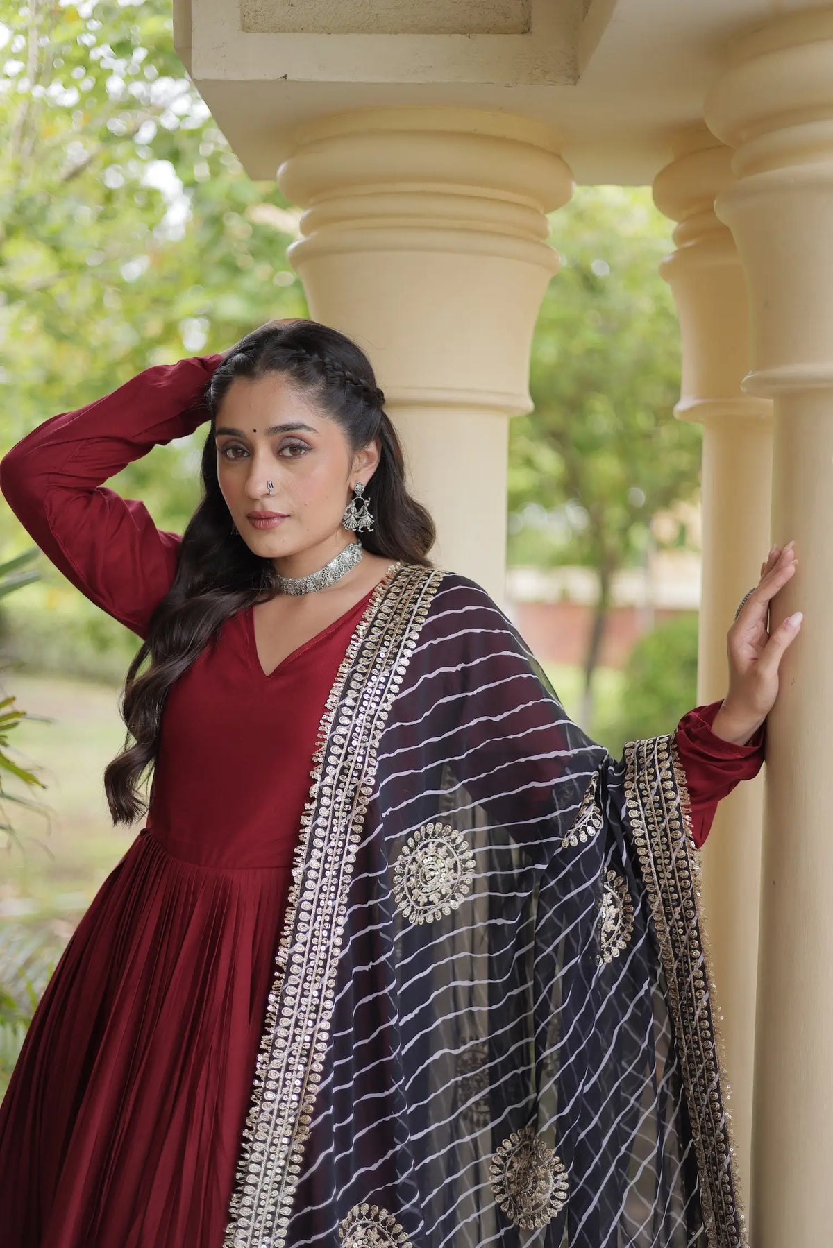 Maroon Navratri Gown With Embroidered Dupatta