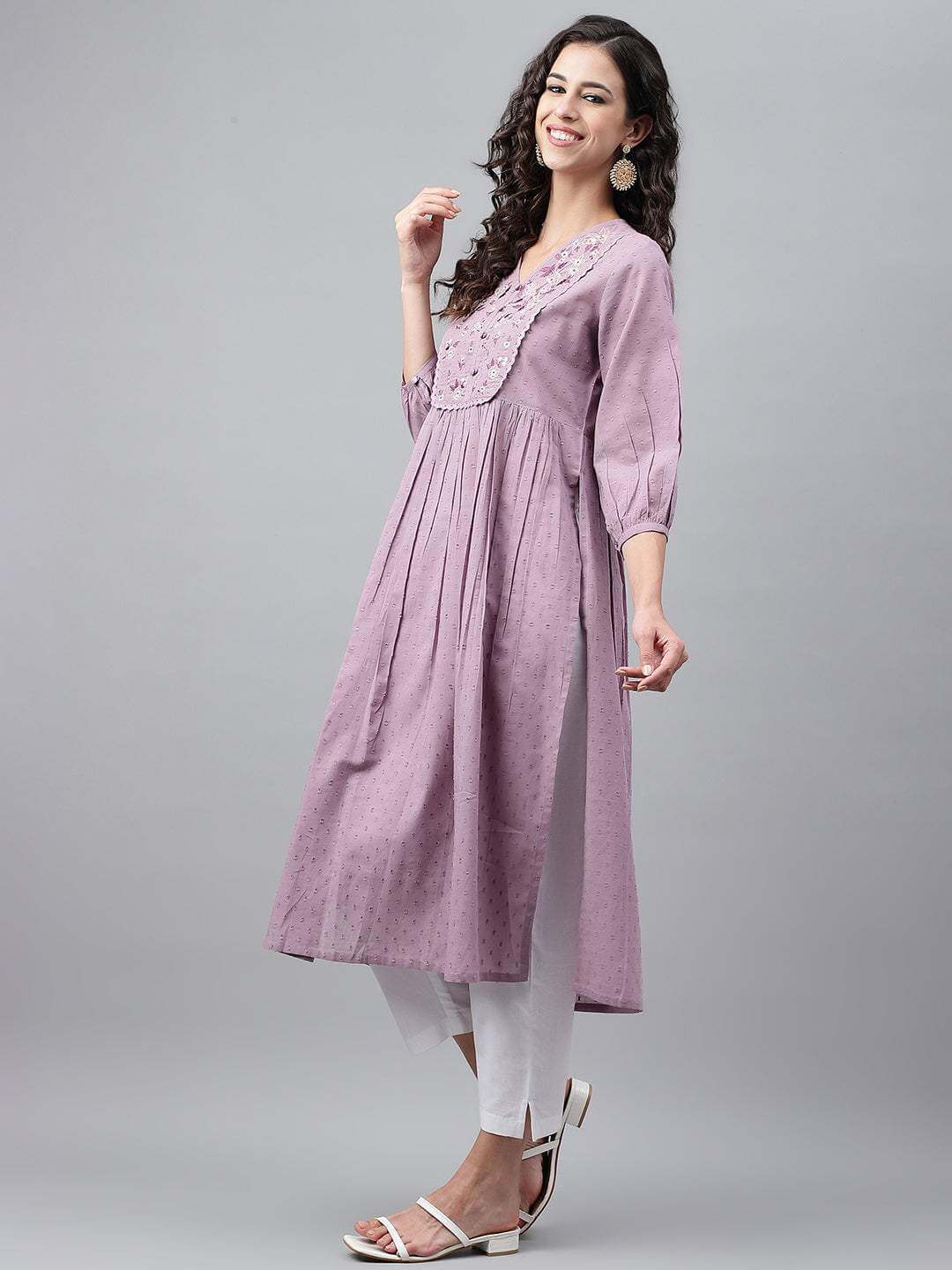 Lavender Dobby Cotton Solid Gathered Kurta  - By Janasya