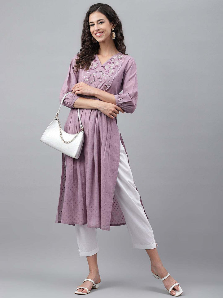 Lavender Dobby Cotton Solid Gathered Kurta  - By Janasya