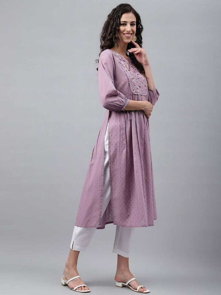 Lavender Dobby Cotton Solid Gathered Kurta  - By Janasya