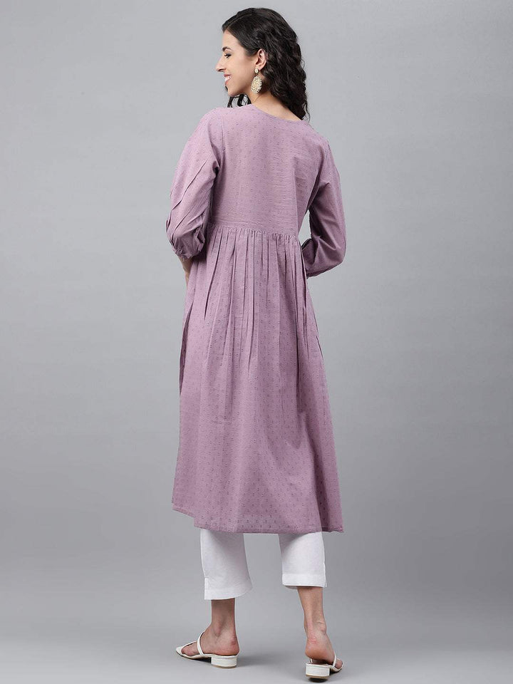 Lavender Dobby Cotton Solid Gathered Kurta  - By Janasya