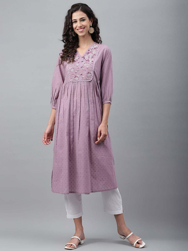 Lavender Dobby Cotton Solid Gathered Kurta  - By Janasya