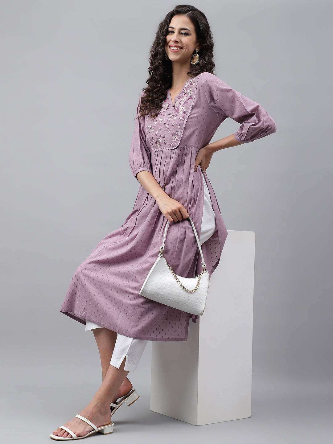 Lavender Dobby Cotton Solid Gathered Kurta  - By Janasya