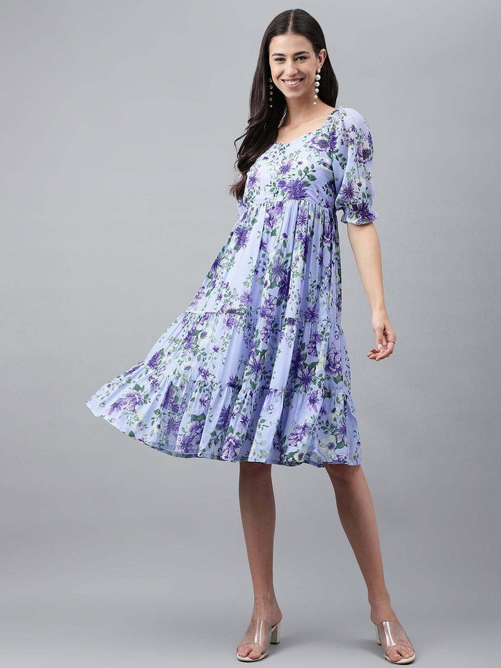 Lavender Georgette Floral Printed Tiered Dress  - By Janasya