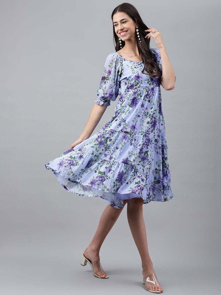 Lavender Georgette Floral Printed Tiered Dress  - By Janasya