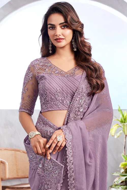 Elegant Indian Designer Wedding Saree in Lavender with Traditional Gold Zari Work and Matching Blouse Piece