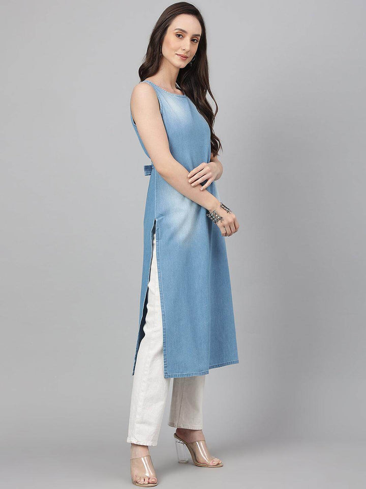 Light Blue Denim Solid Straight Kurta  - By Janasya