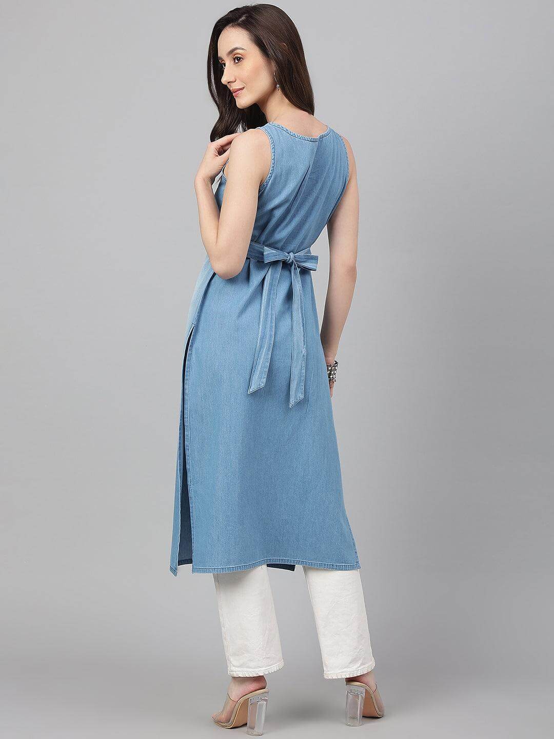 Light Blue Denim Solid Straight Kurta  - By Janasya