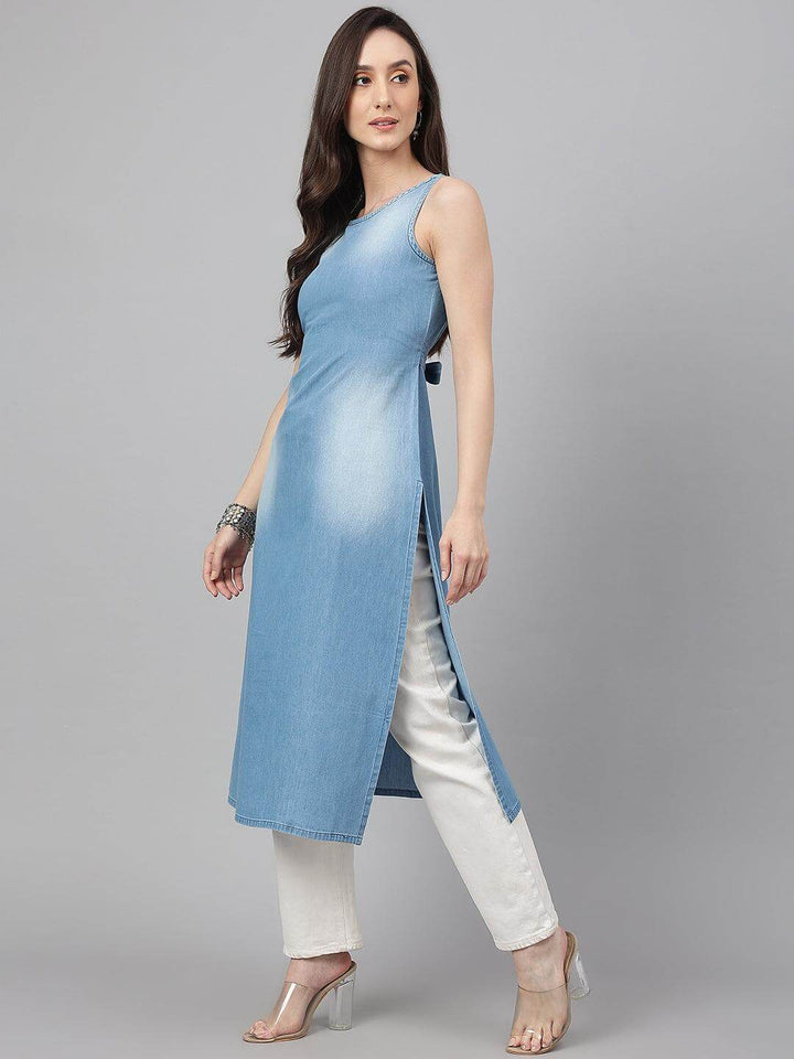 Light Blue Denim Solid Straight Kurta  - By Janasya