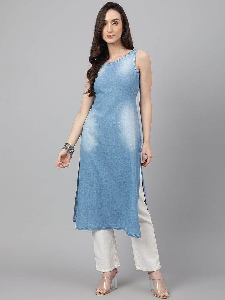 Light Blue Denim Solid Straight Kurta  - By Janasya