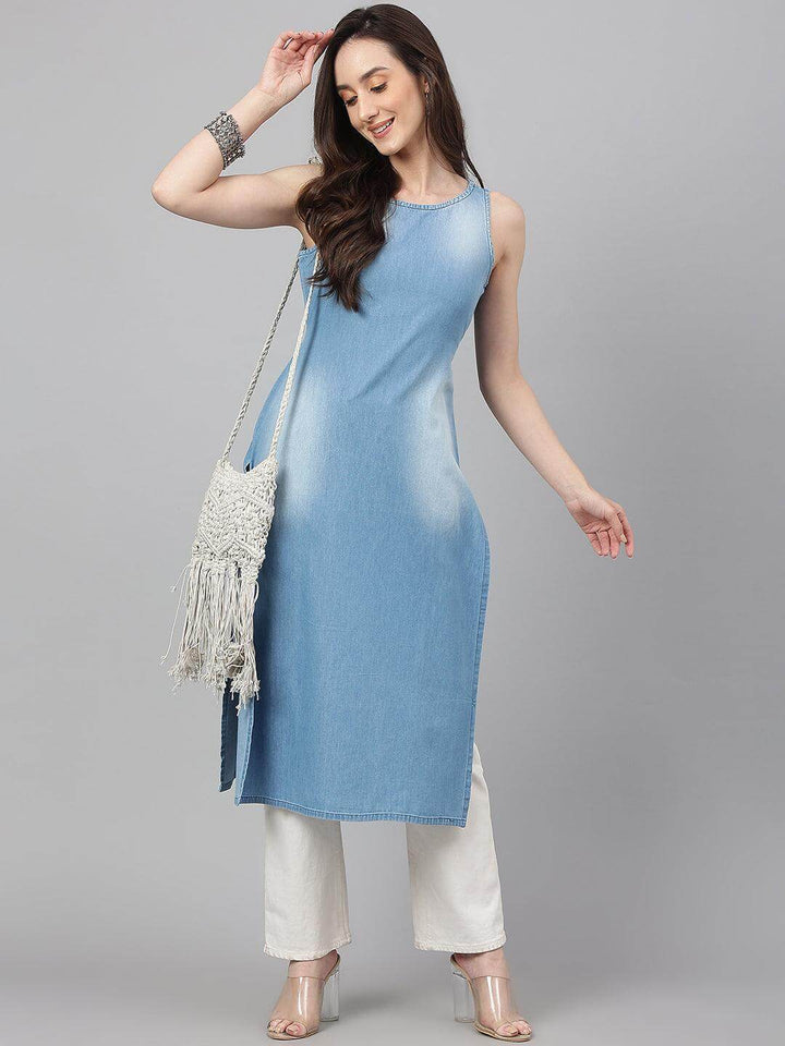 Light Blue Denim Solid Straight Kurta  - By Janasya