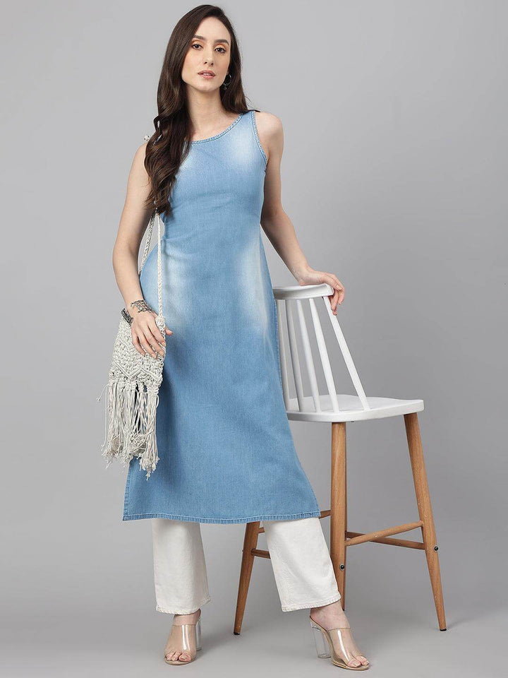 Light Blue Denim Solid Straight Kurta  - By Janasya