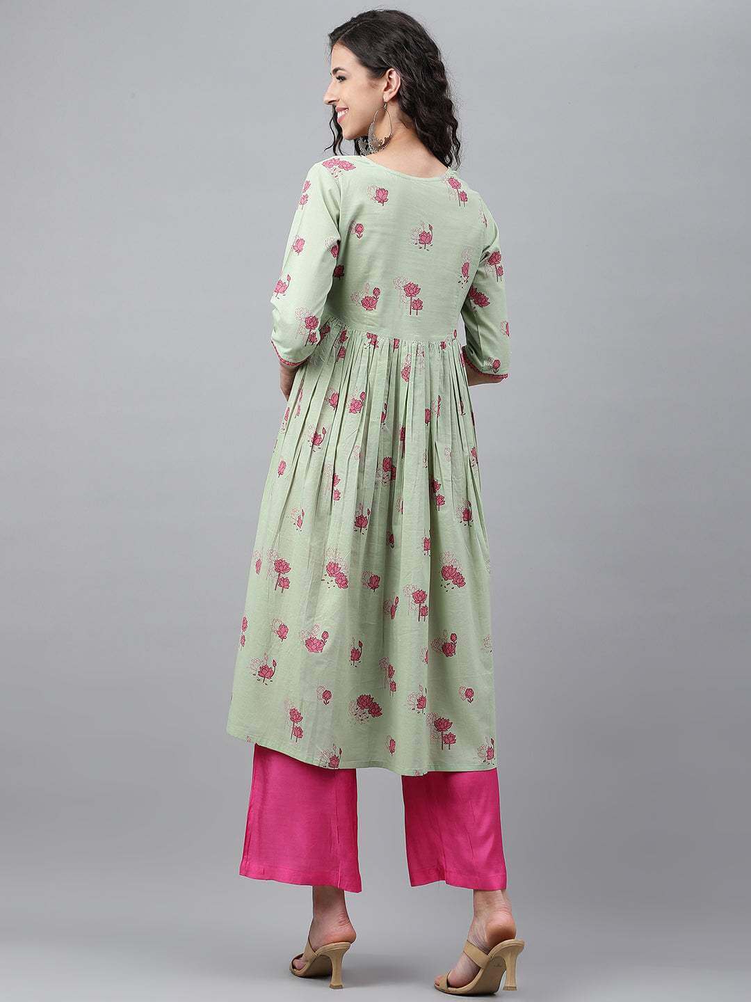 Light Green Cotton Floral Printed Flared Kurta  - By Janasya