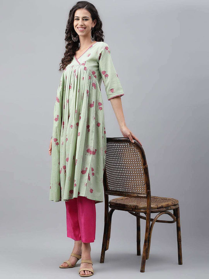 Light Green Cotton Floral Printed Flared Kurta  - By Janasya