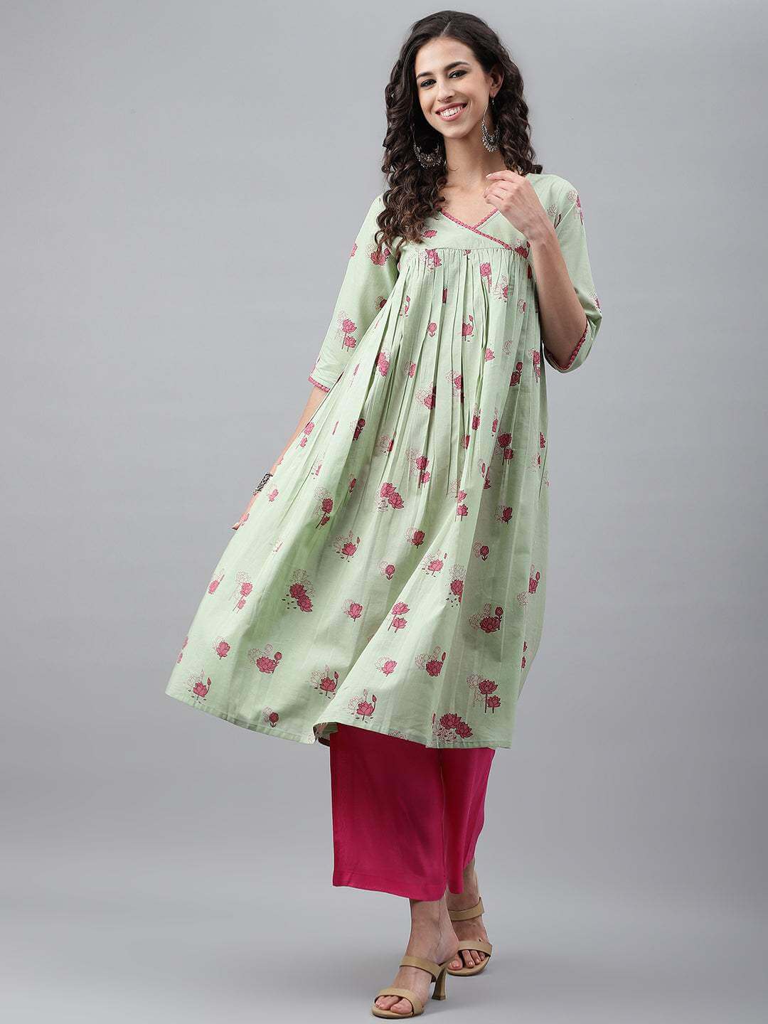 Light Green Cotton Floral Printed Flared Kurta  - By Janasya