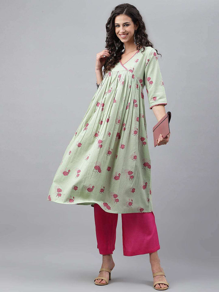 Light Green Cotton Floral Printed Flared Kurta  - By Janasya