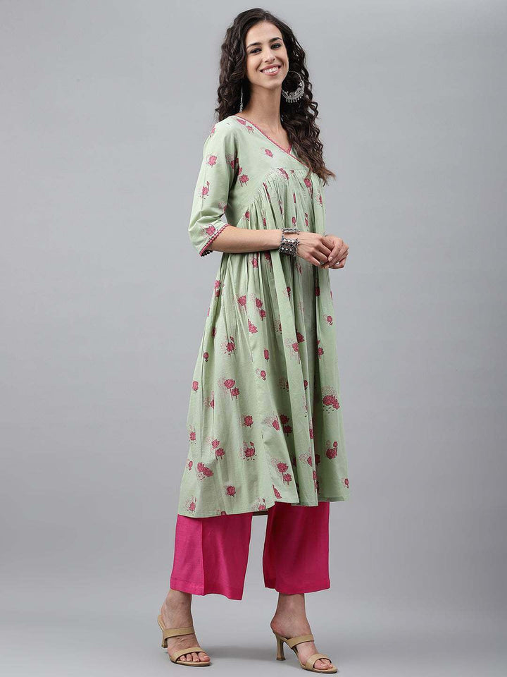 Light Green Cotton Floral Printed Flared Kurta  - By Janasya