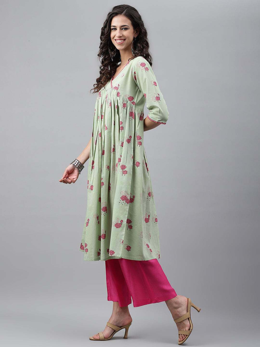 Light Green Cotton Floral Printed Flared Kurta  - By Janasya