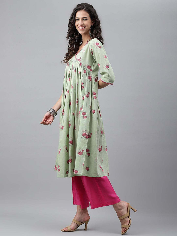 Light Green Cotton Floral Printed Flared Kurta  - By Janasya