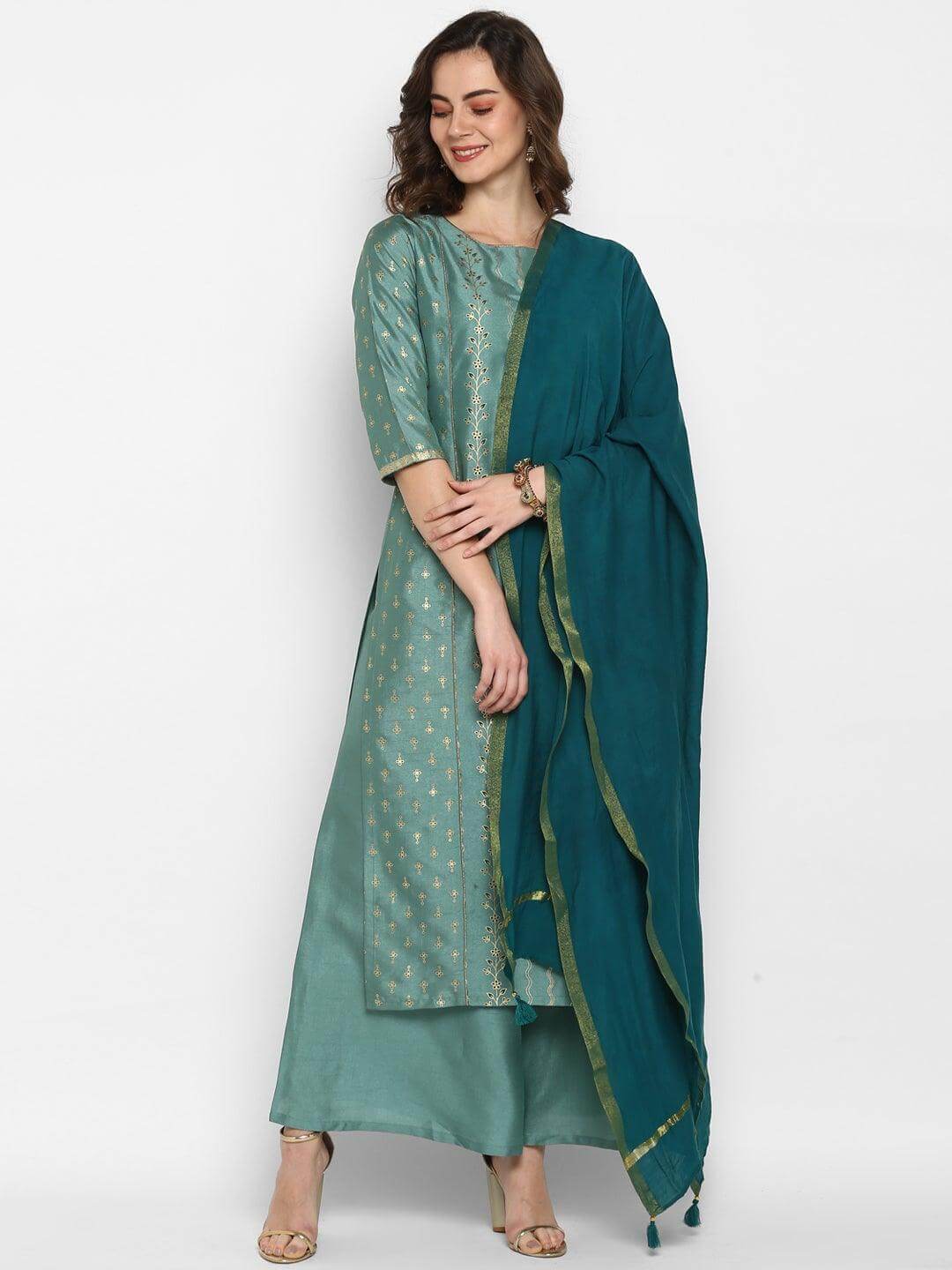 Teal Poly Silk Floral Print Kurta Palazzo Set  - By Janasya