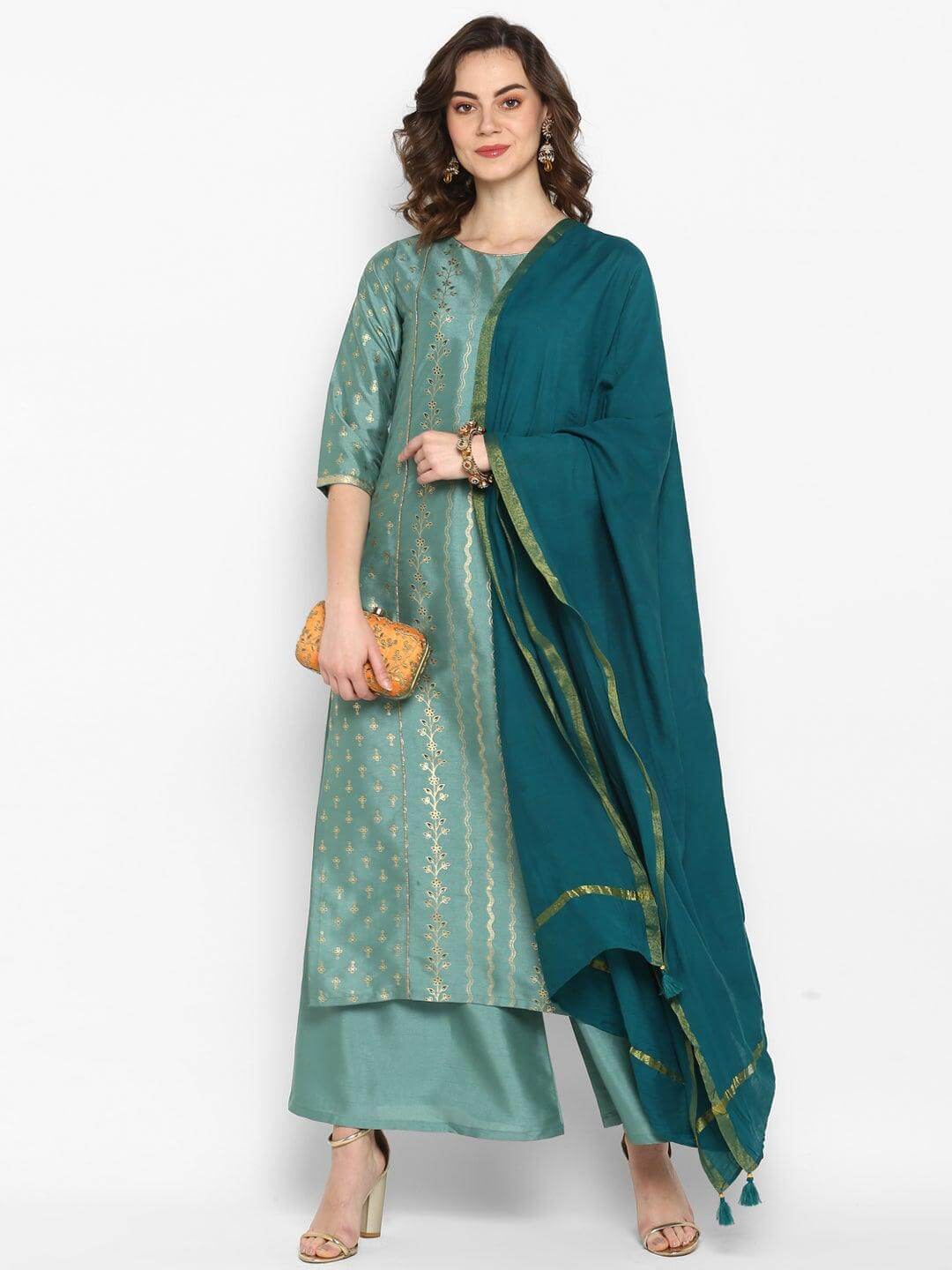 Teal Poly Silk Floral Print Kurta Palazzo Set  - By Janasya