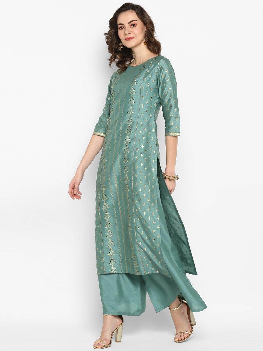 Teal Poly Silk Floral Print Kurta Palazzo Set  - By Janasya