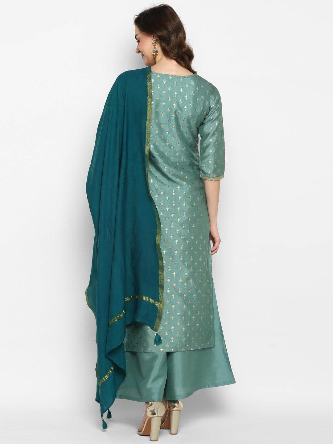 Teal Poly Silk Floral Print Kurta Palazzo Set  - By Janasya