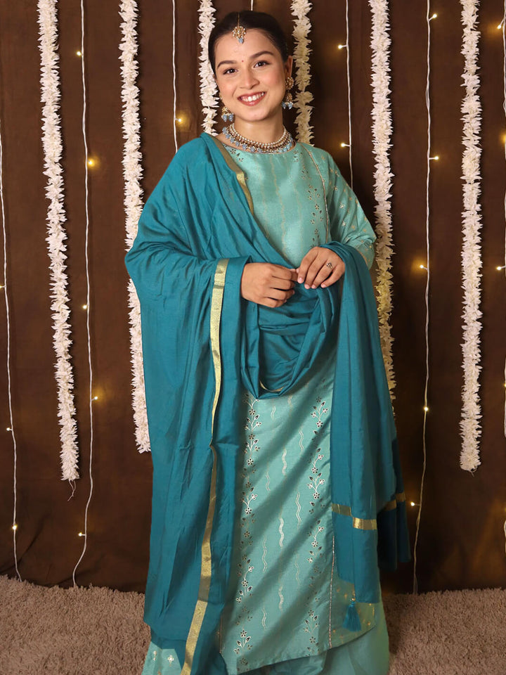 Teal Poly Silk Floral Print Kurta Palazzo Set  - By Janasya