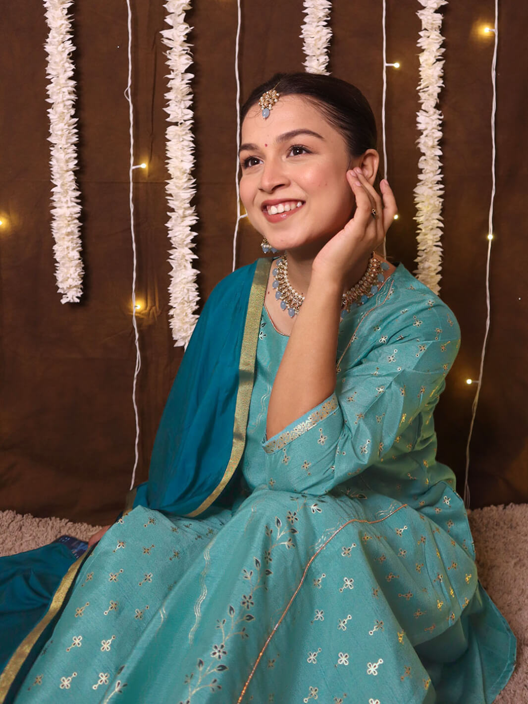 Teal Poly Silk Floral Print Kurta Palazzo Set  - By Janasya